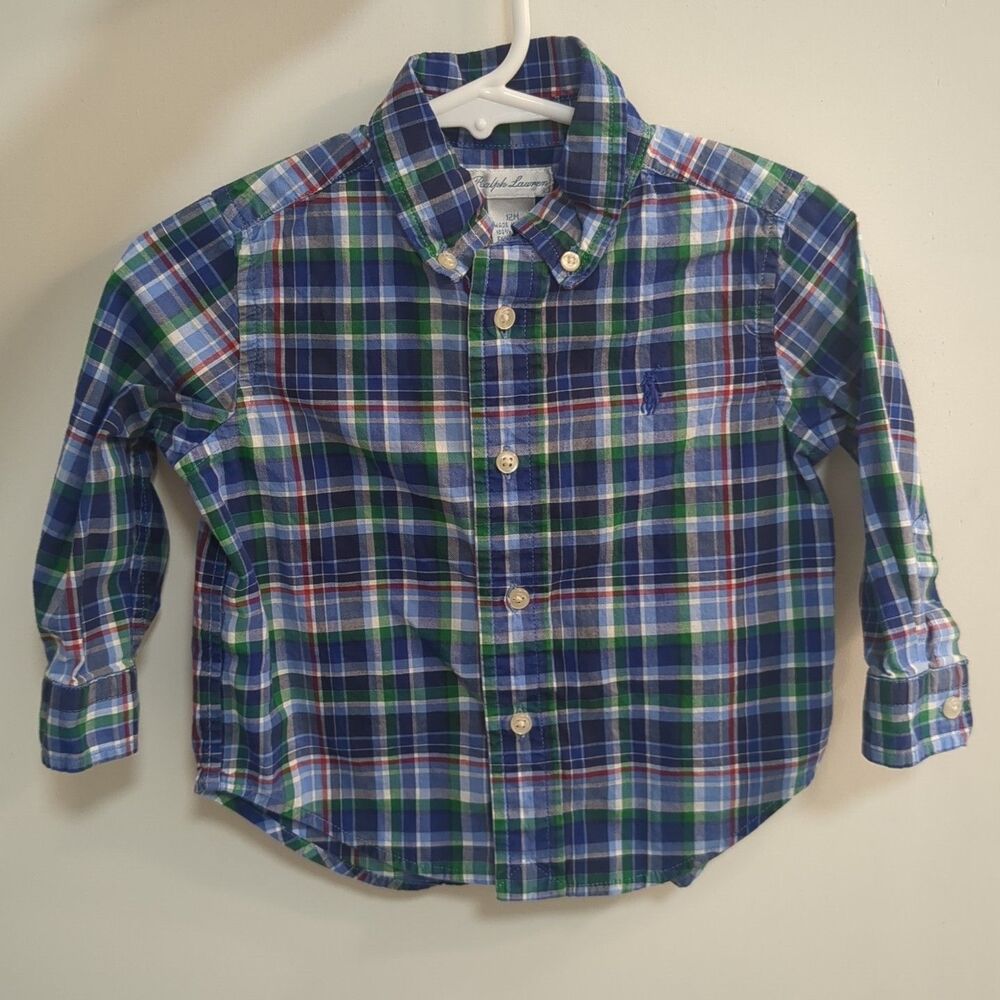 Ralph Lauren Boys Plaid Cotton Button Down Shirt  Blue Green Red Boys 12 Months
